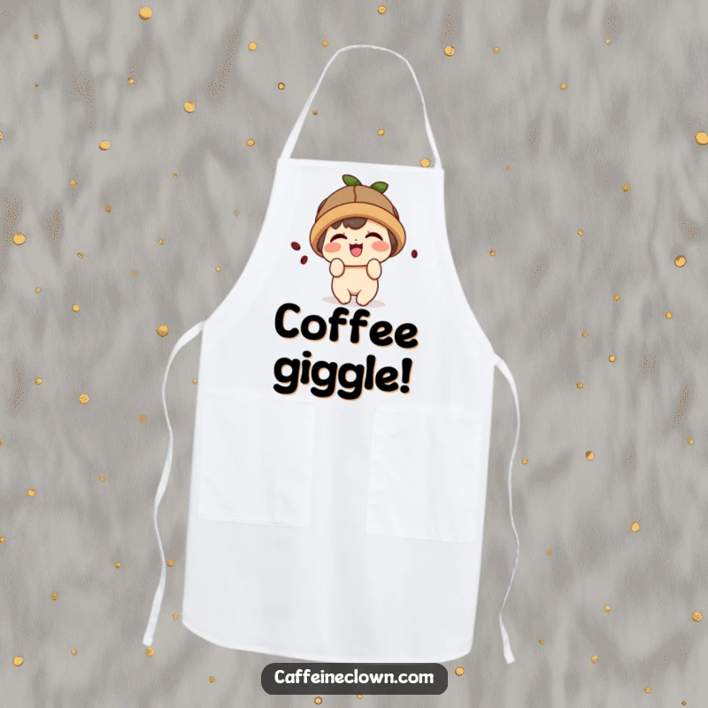 Funny apron with a cute kawaii character wearing a coffee bean hat and giggling playfully.