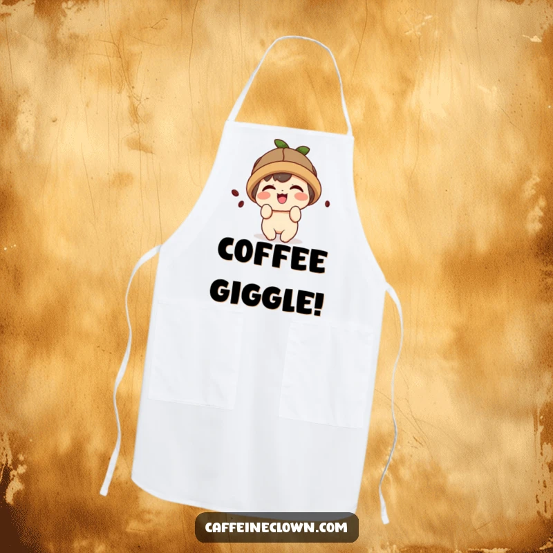 Funny apron with a cute kawaii character wearing a coffee bean hat and giggling playfully.