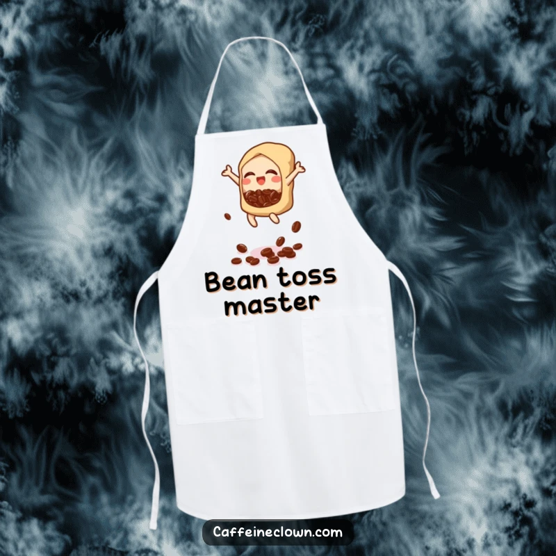 Funny apron featuring a bubbly icon jumping and releasing coffee beans, ideal for a fun and energetic cooking experience.