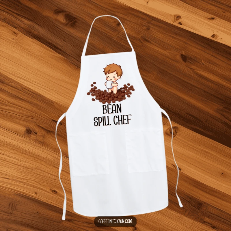 Funny apron showing a figure spilling coffee beans while holding a mug, perfect for a humorous cooking or baking experience.