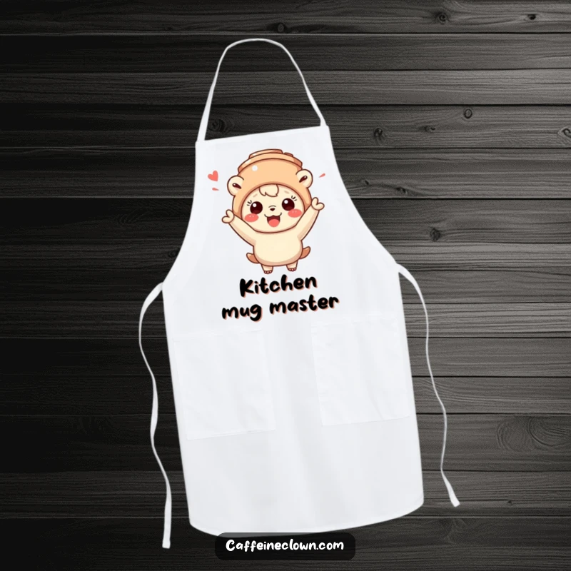 Funny apron with a creature wearing a coffee mug hat and cheering, perfect for a fun and enthusiastic cooking experience.