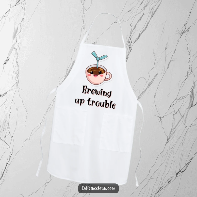 Funny propeller coffee apron showing a cheerful coffee cup with a tiny propeller in flight, a comedic kitchen essential.