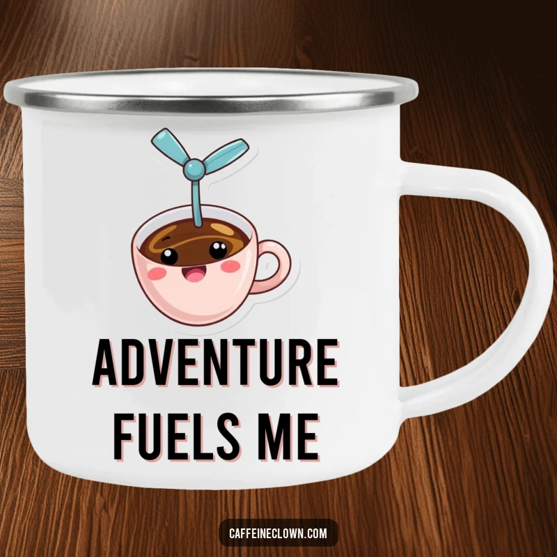 Funny propeller coffee camping mug depicting a cheerful coffee cup with a tiny propeller in erratic flight, a durable and humorous travel mug.