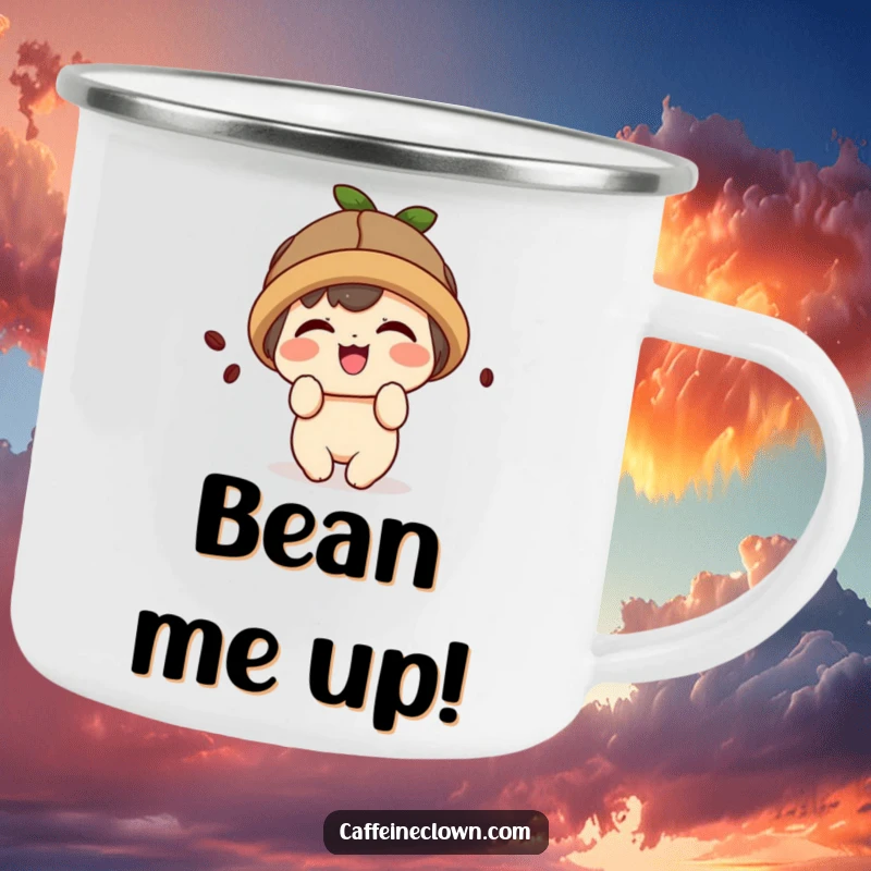 Funny camping mug with a cute kawaii character wearing a coffee bean hat and giggling playfully.