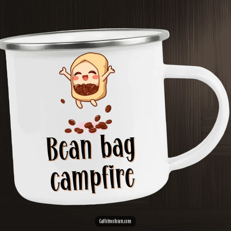 Funny camping mug featuring a bubbly icon jumping and dropping coffee beans, perfect for adventure lovers who enjoy a laugh.