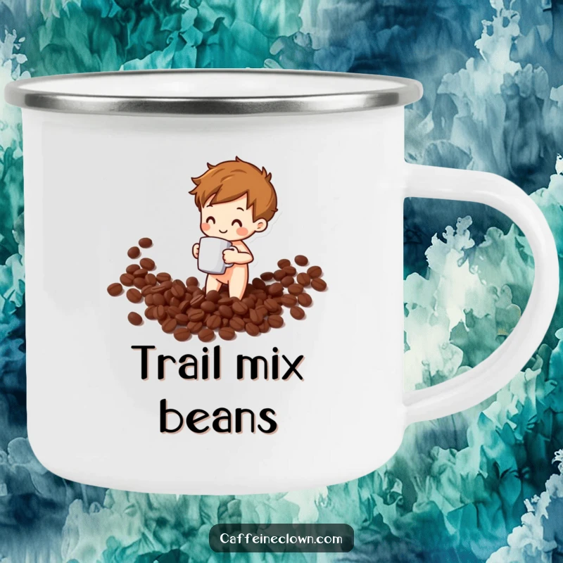 Funny camping mug featuring a figure spilling coffee beans while holding a mug, ideal for outdoor humor enthusiasts.