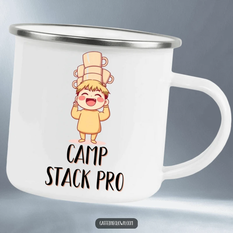 Funny Camping Mug: A character laughs while balancing a tall stack of coffee mugs, ideal for outdoor coffee enjoyment.