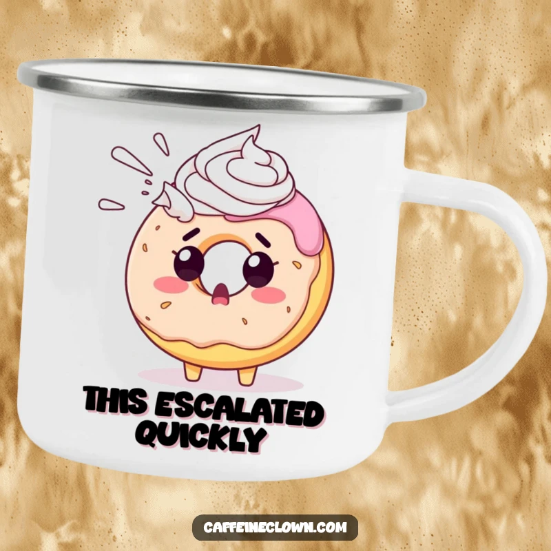 Funny donut camping mug depicting a surprised donut character doused in whipped cream, a durable and humorous travel mug.