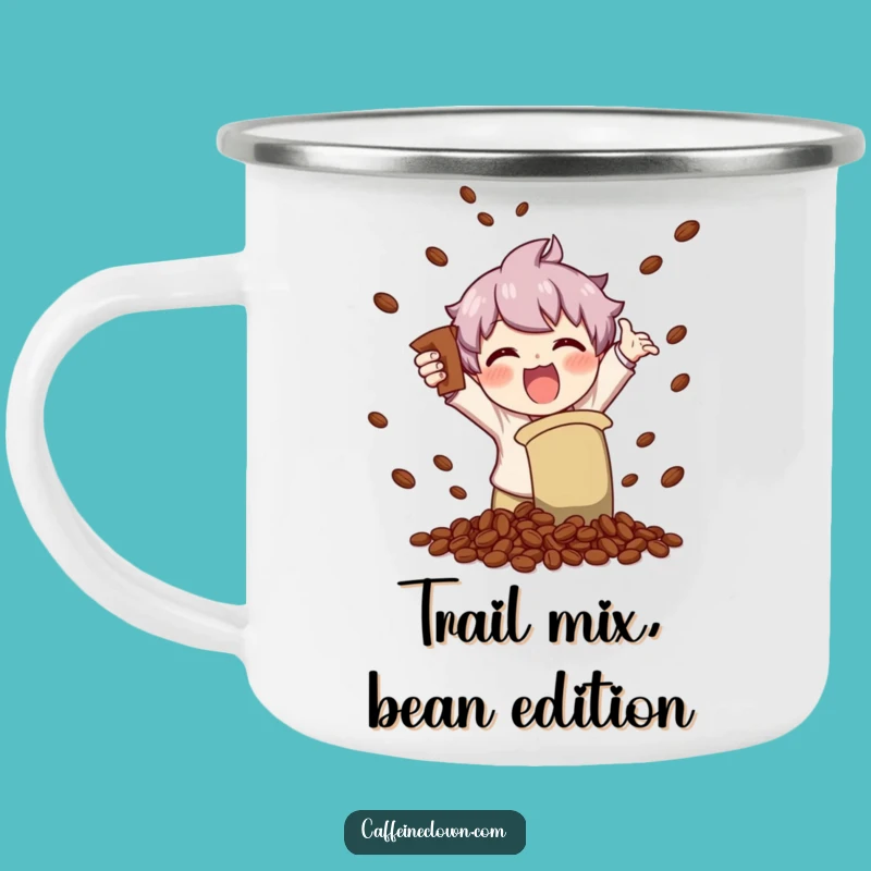 Funny Enamel Camping Mug: Character Shaking Beans, Glee-ful Coffee Trail Mix