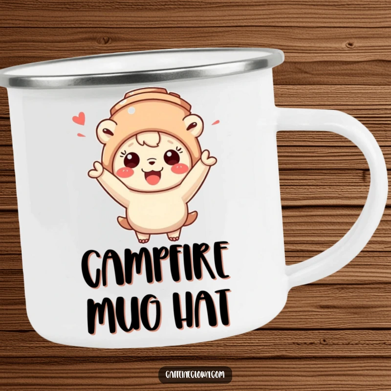 Funny camping mug featuring a creature in a coffee mug hat, cheering wildly, ideal for outdoor coffee lovers.