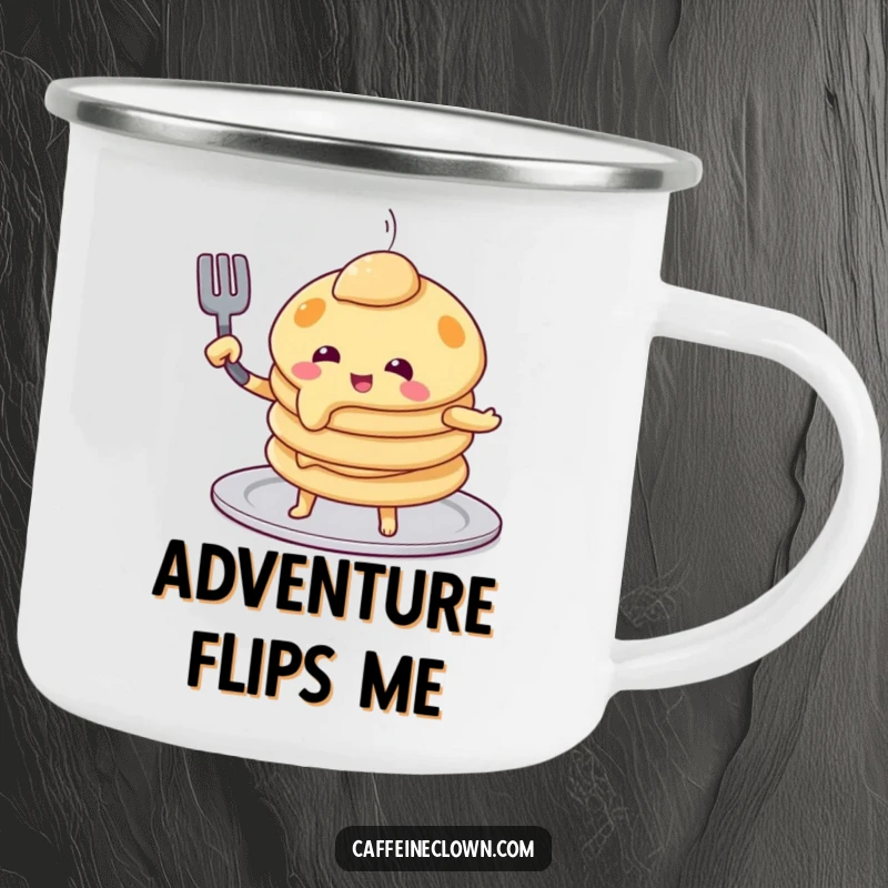 Funny pancake flip camping mug depicting a playful pancake character attempting to flip itself with a spatula, a durable and humorous travel mug.
