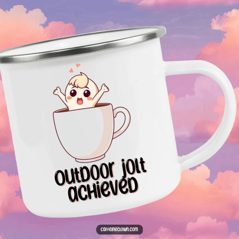 Funny Camping Mug: Comical character leaping out of a giant coffee cup, designed for outdoor fun and caffeine boosts.