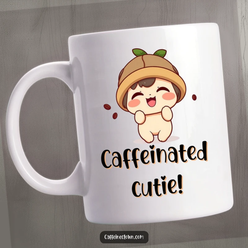 Funny mug with a cute kawaii character wearing a coffee bean hat and giggling playfully.