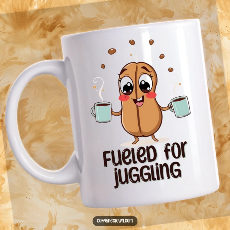 Funny Coffee Bean Mug: A hyperactive coffee bean with wide eyes energetically juggles steaming mugs, radiating caffeine-fueled chaos.