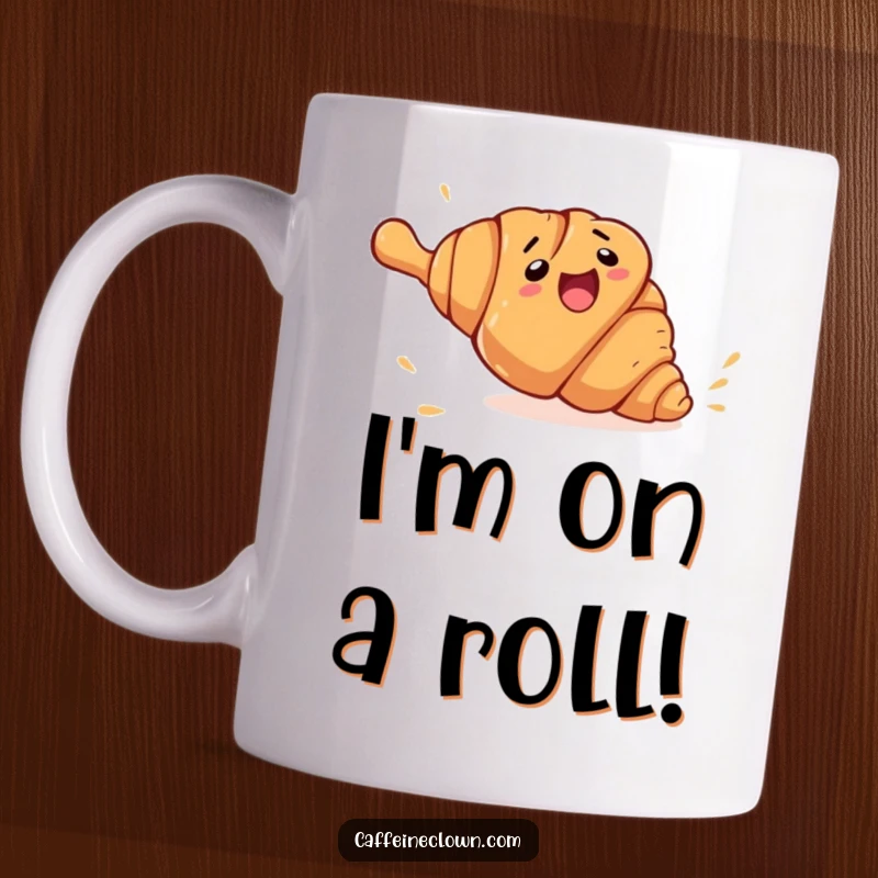 Funny croissant mug depicting a clumsy croissant rolling away from a giant rolling pin, a comical bakery scene.