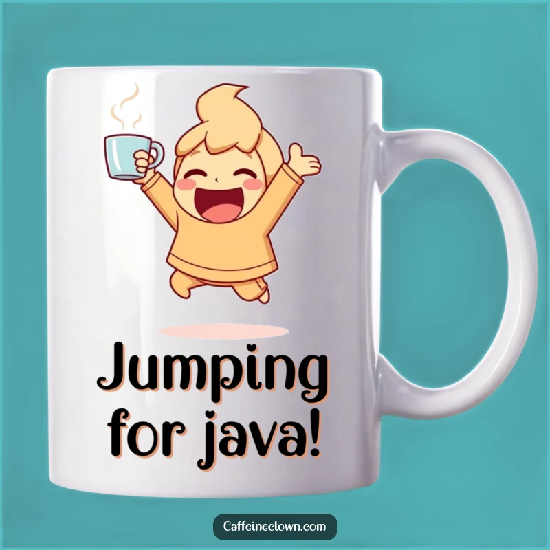 Funny Ecstatic Coffee Lover Mug: Energetic Character Holding Coffee High
