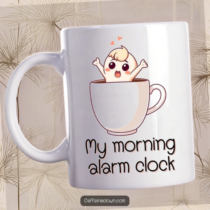 Funny Coffee Mug: Surprised character dramatically leaps out of a steaming giant coffee cup, wide-eyed and startled, evoking morning chaos.