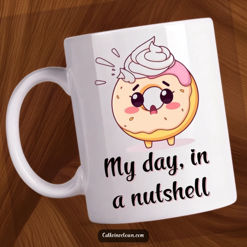 Funny donut mug with surprised expression shocked by whipped cream spray, a comical breakfast illustration.