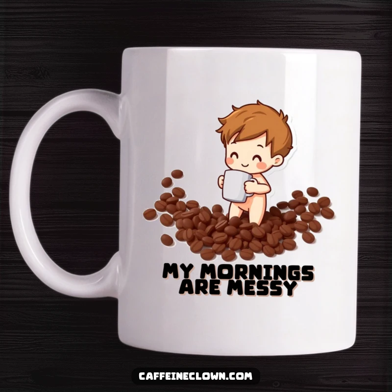Funny mug featuring a tiny figure joyfully spilling coffee beans while clutching a mug, capturing morning chaos with a smile.