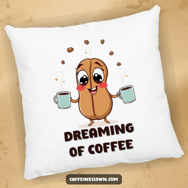 Funny Coffee Bean Pillow: A hyperactive coffee bean juggles steaming mugs, bringing cozy comfort and caffeine-fueled humor.