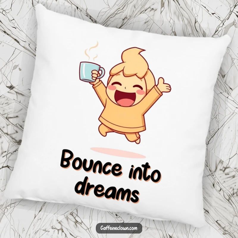 Funny Pillow featuring an ecstatic character bouncing with energy, holding a steaming coffee cup high, for comfort.