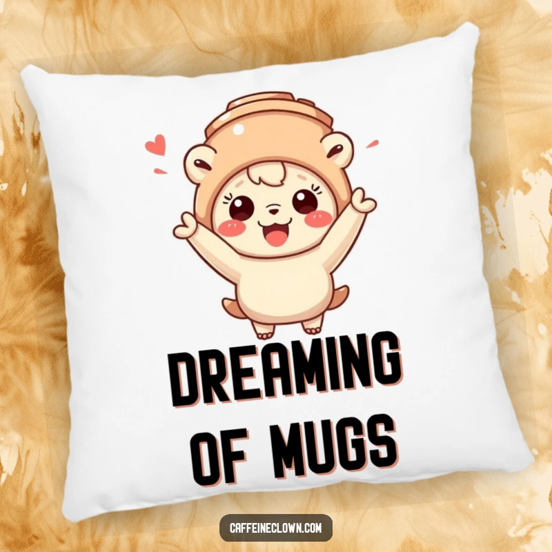Funny pillow featuring a creature wearing a coffee mug hat and cheering with great excitement, bringing cozy humor.