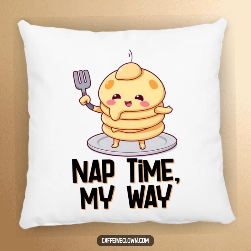 Funny pancake flip pillow with a playful pancake character attempting to flip itself using a spatula, a soft and humorous decorative item.