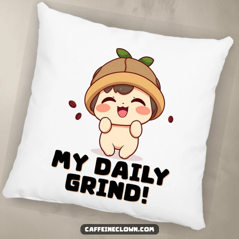 Funny pillow with a cute kawaii character wearing a coffee bean hat, giggling playfully.