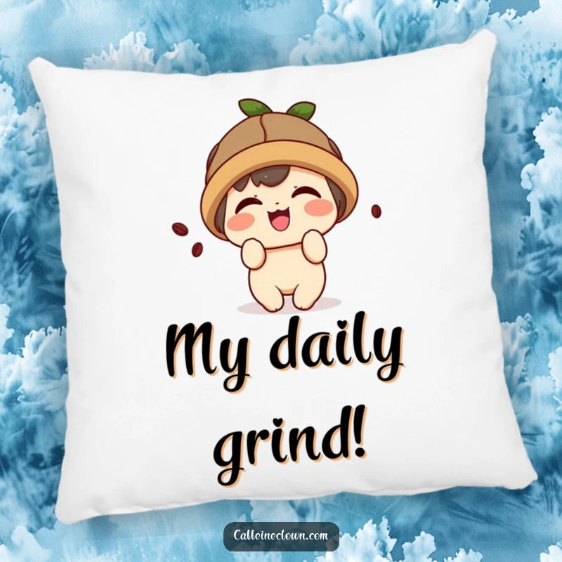 Funny pillow with a cute kawaii character wearing a coffee bean hat, giggling playfully.