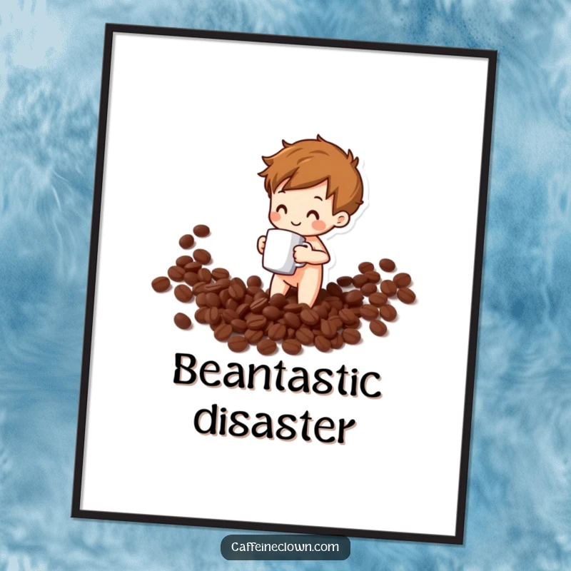Funny digital art print of a figure spilling coffee beans with a mug, a humorous and charming piece for instant decor.