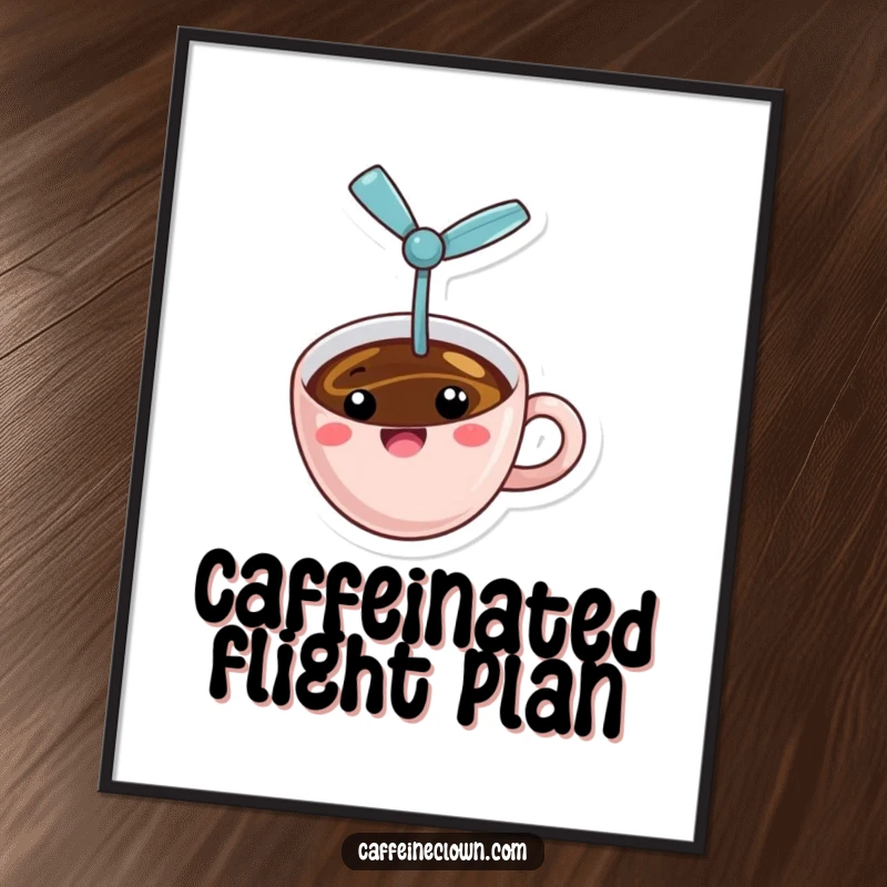 Funny flying coffee digital art print of a cheerful cup of coffee with a tiny propeller, depicted in erratic flight, a high-resolution humorous illustration.