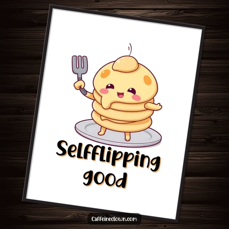 Funny pancake flip digital art print of a playful pancake character attempting to flip itself with a spatula, a high-resolution humorous illustration.