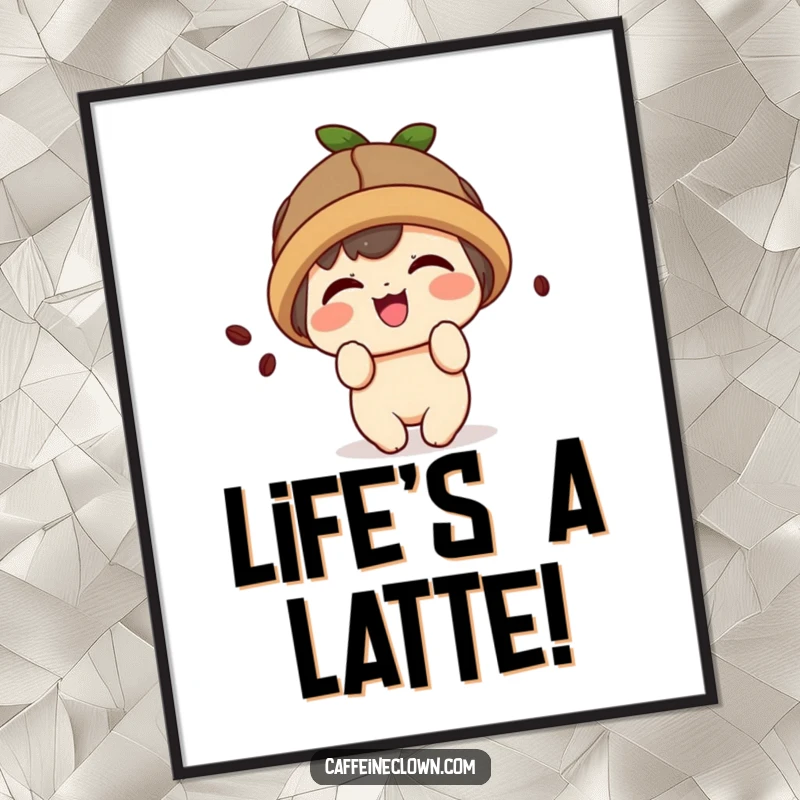 Funny digital art print of a cute kawaii character wearing a coffee bean hat and giggling playfully.