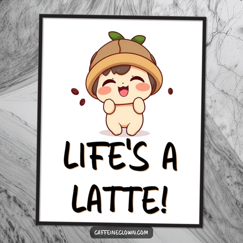 Funny digital art print of a cute kawaii character wearing a coffee bean hat and giggling playfully.