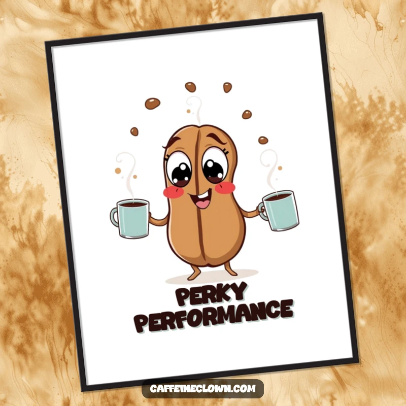 Funny Coffee Bean Digital Art: A hyperactive coffee bean juggles steaming mugs, creating lively, caffeine-fueled wall art.