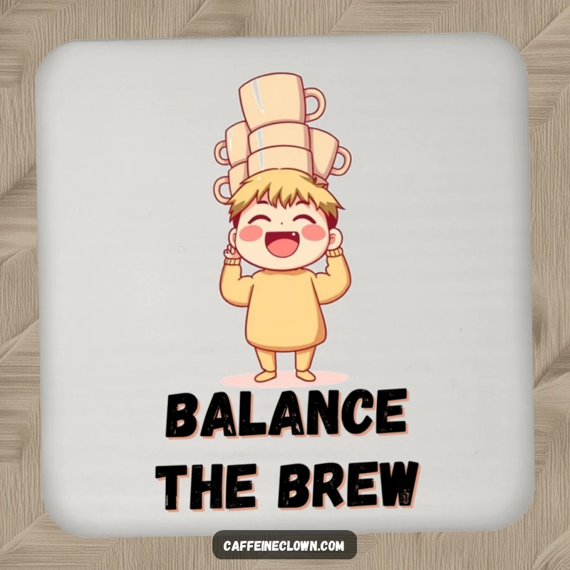 Funny Drink Coaster: A laughing character balances a stack of coffee mugs, adding a humorous touch to protect surfaces.