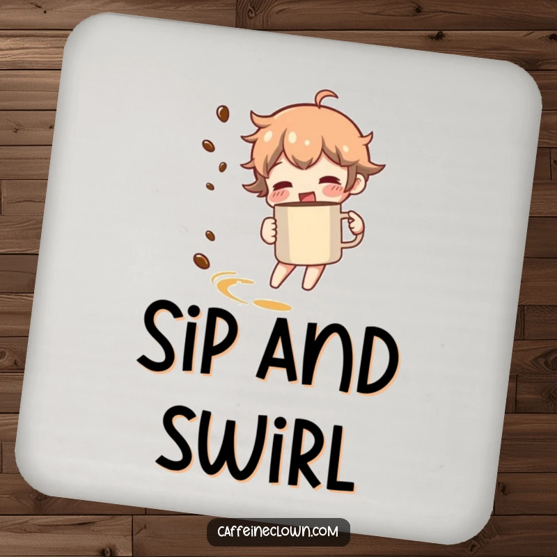 Funny drink coaster featuring a character spinning with a coffee mug, leaving a trail of coffee aroma.