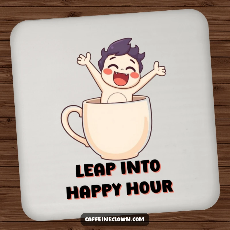 Funny drink coaster showing a character leaping from a coffee mug, protecting furniture with a humorous and energetic design.