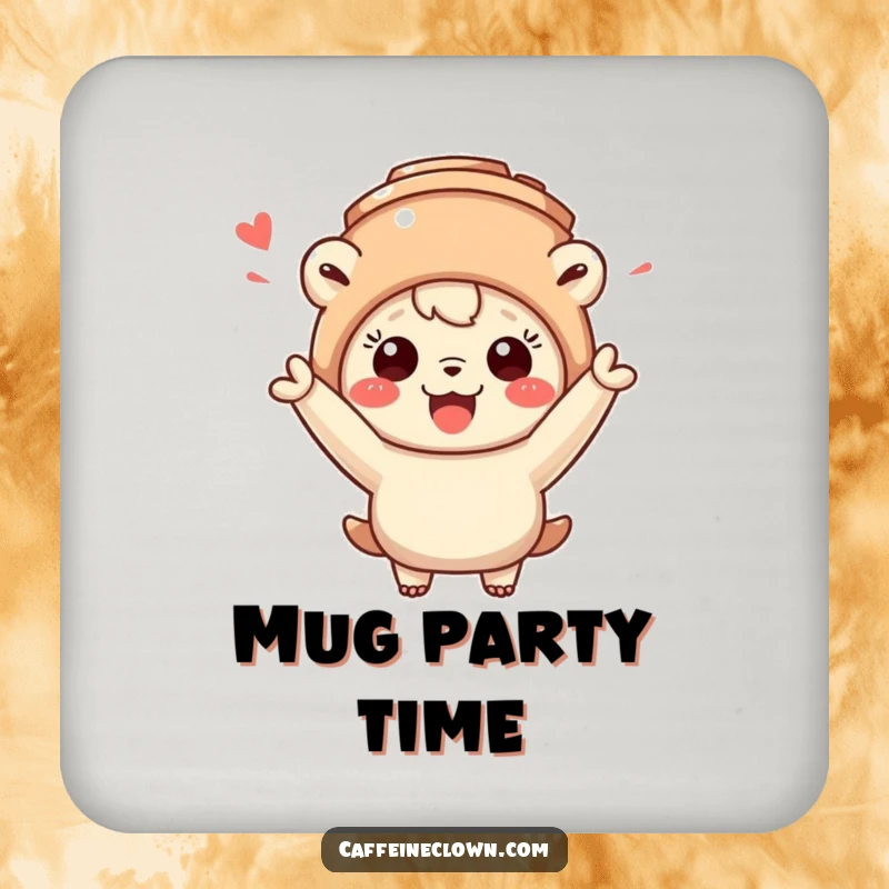 Funny drink coaster with a creature wearing a coffee mug hat and cheering, adding a touch of whimsical humor.