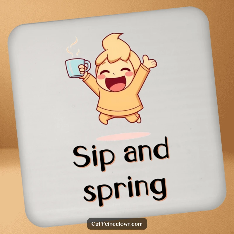 Funny Drink Coaster with an ecstatic character bouncing with energy, holding a steaming coffee cup aloft, for tables.