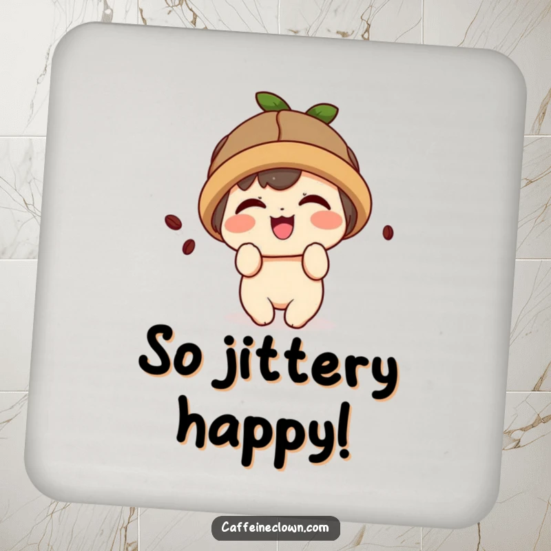 Funny drink coaster with a cute kawaii character wearing a coffee bean hat and giggling playfully.