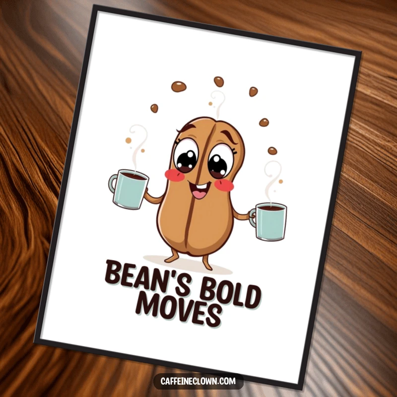 Funny Coffee Bean Poster: A hyperactive coffee bean with wide eyes juggles steaming mugs, creating a comical and visually stimulating piece.