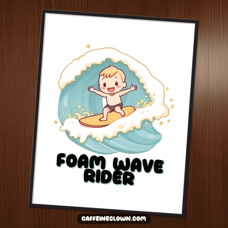Funny adorable subject joyfully surfing a wave made of latte foam, depicted on a vibrant art poster.