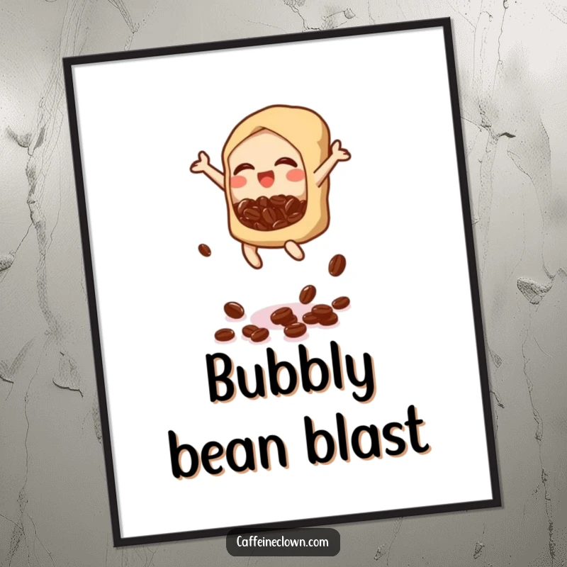 Funny poster art of a bubbly icon gleefully jumping and dropping coffee beans, radiating pure energy and happiness.