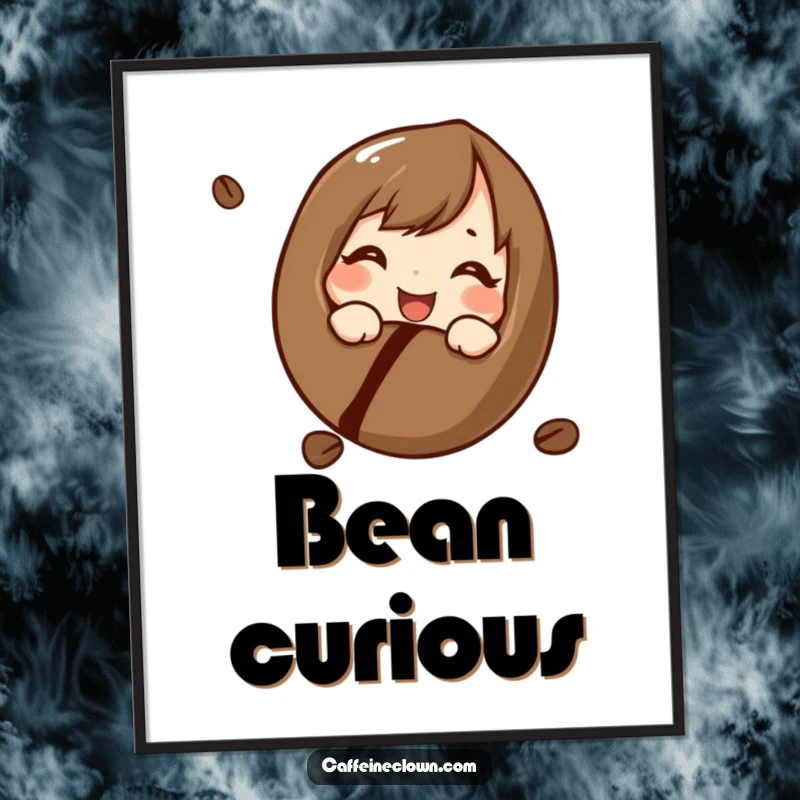 Funny poster art of a character curiously and cheerfully examining a coffee bean, conveying a deep love for coffee's origins, great decor.