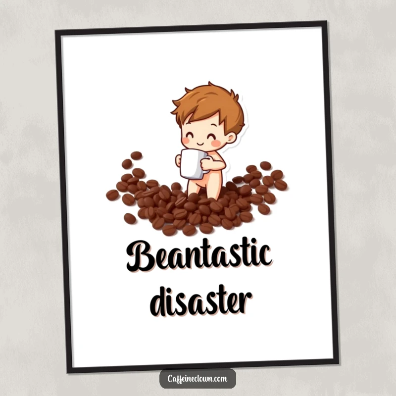 Funny poster art of a small figure happily spilling coffee beans from a mug, celebrating humor in everyday coffee moments.