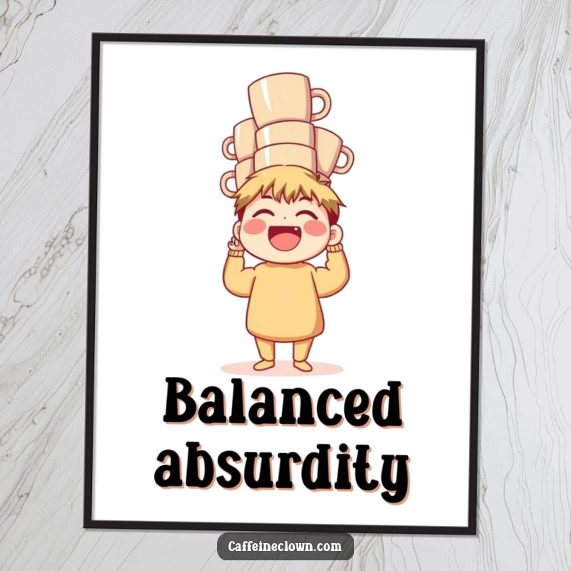 Funny Poster: A character laughs joyfully while expertly balancing a towering stack of coffee mugs, celebrating the art of coffee.