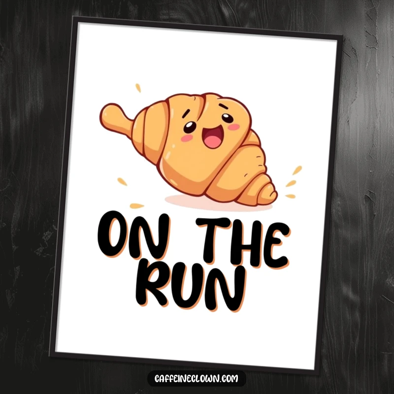 Funny croissant escape poster with a clumsy croissant character rolling away from a giant rolling pin, a joyful and amusing wall decoration.