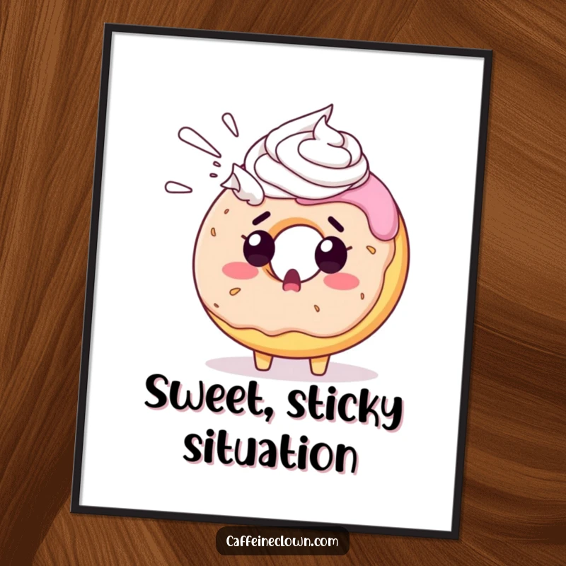 Funny donut poster showing a surprised donut character unexpectedly sprayed with whipped cream, a joyful and amusing wall decoration.