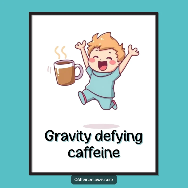 Funny Leaping Coffee Delight Poster: Joyful Figure's Caffeine Art Gift